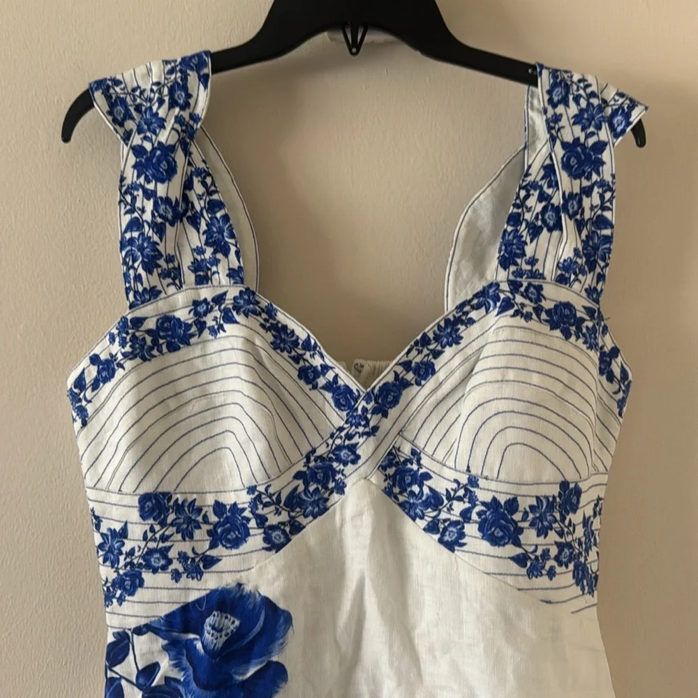 FARM RIO Floral Cascade Wavy Euroflax Premium Linen Midi Dress,Large,$280 - Picture 8 of 9